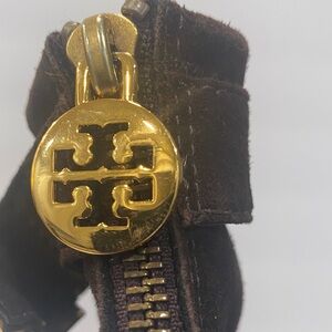 Tory Burch Dark Brown Suede Heeled Boots with Gold Accents